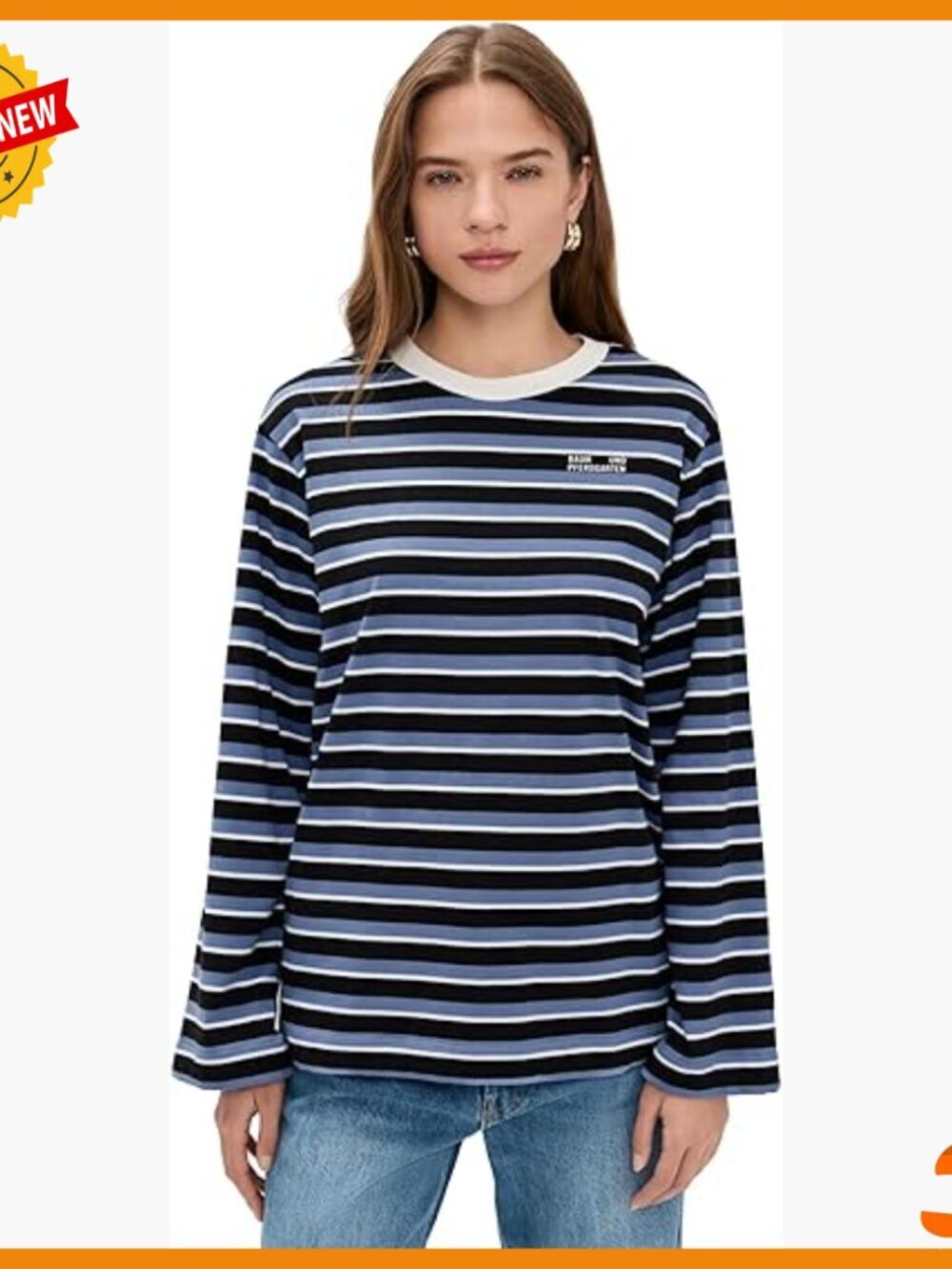 Long Sleeve Crew Neck Tee with Striped Pattern and Logo Graphic